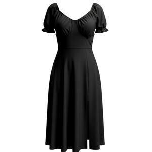 Black Puff Sleeve Midi Dress Sweetheart Neck Slit Fit Flare Minimal S